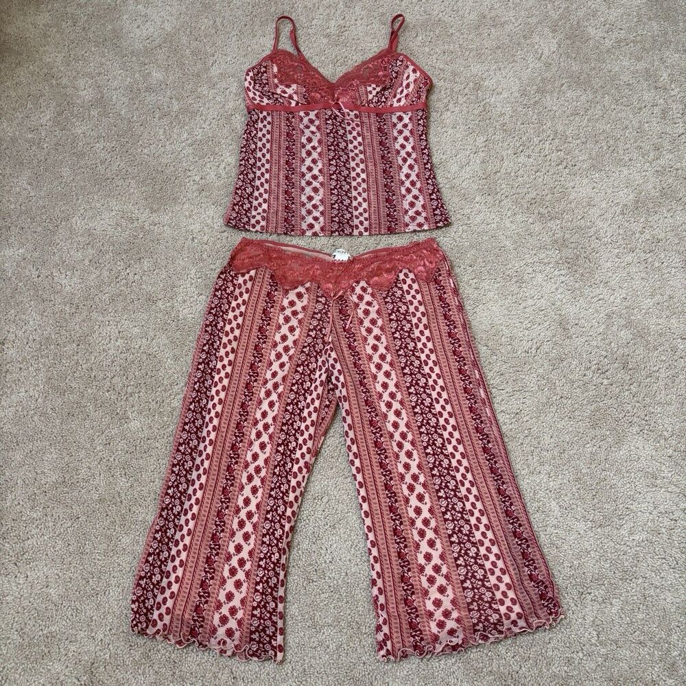 DKNY Pink Pajama Set Cami Crop Top & Wide Leg Bottom Bohemian Lounge Women's S/M